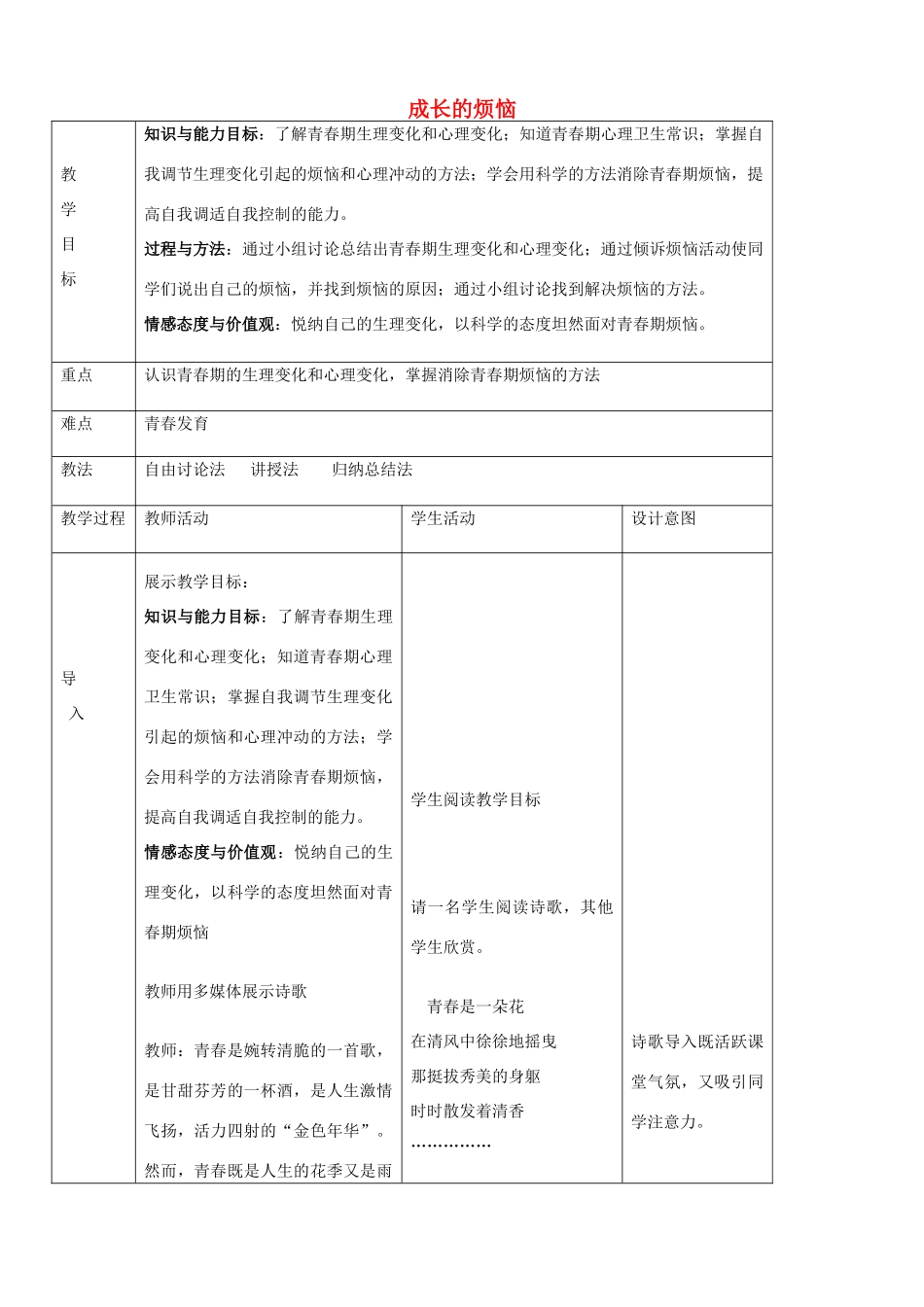 七年级政治上册 第7课 成长的烦恼教案 教科版-教科版初中七年级上册政治教案_第1页