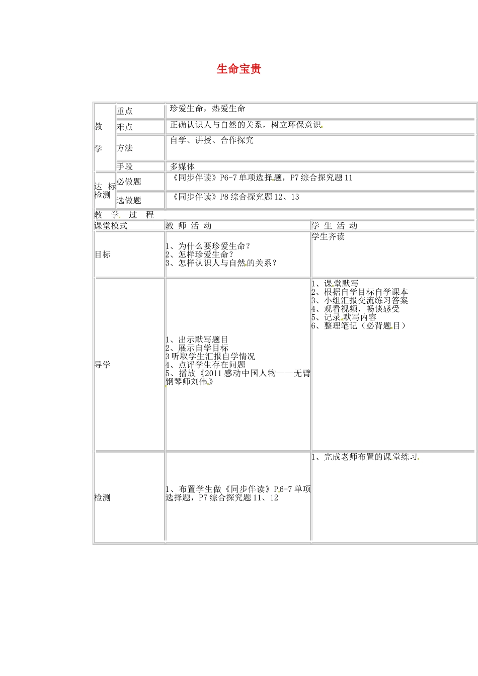 七年级政治下册 5.12 生命宝贵教案 粤教版-粤教版初中七年级下册政治教案_第1页