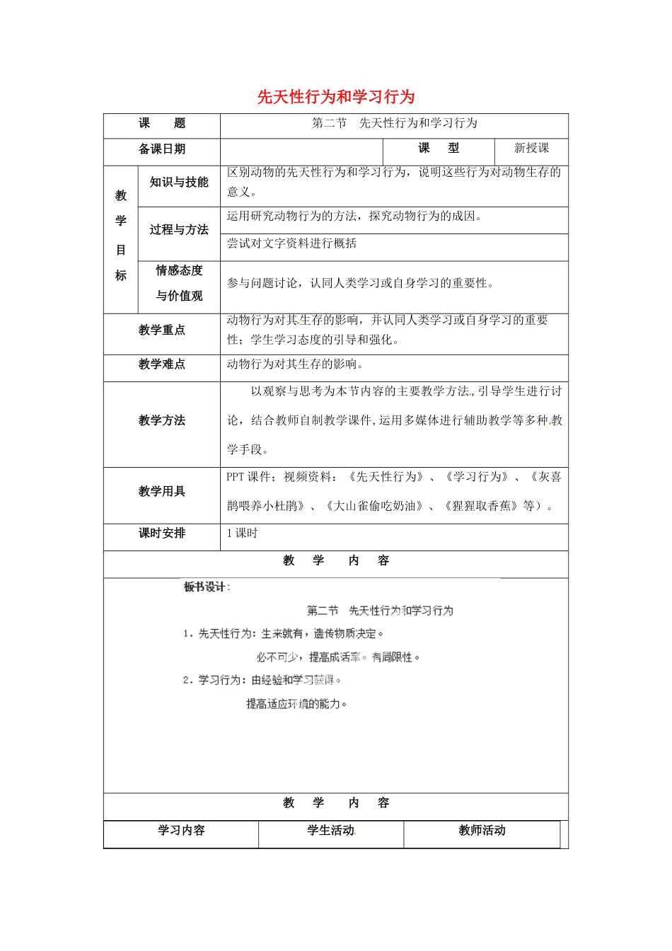 福建省厦门市集美区灌口中学八年级生物上册 第五单元 第二章 第二节 先天性行为和学习行为教案 新人教版_第1页