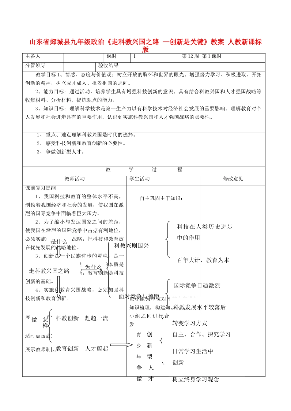 山东省郯城县九年级政治《走科教兴国之路 —创新是关键》教案 人教新课标版_第1页