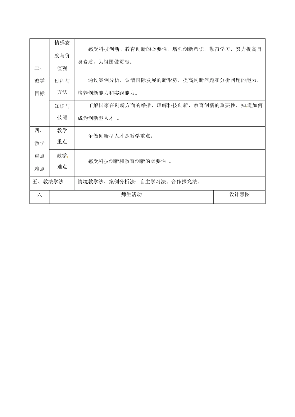 陕西省石泉县九年级政治全册 第三单元 关注国家的发展 第7课 走科教兴国之路 第2框 创新是关键教学设计 鲁教版-鲁教版初中九年级全册政治教案_第2页