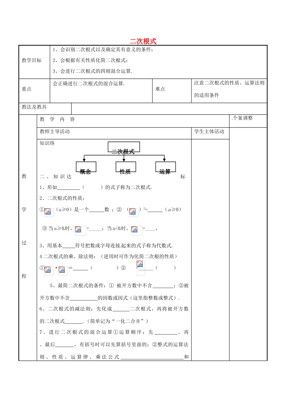八年级数学下册 12.3 二次根式单元小结教案 （新版）苏科版-（新版）苏科版初中八年级下册数学教案_第1页