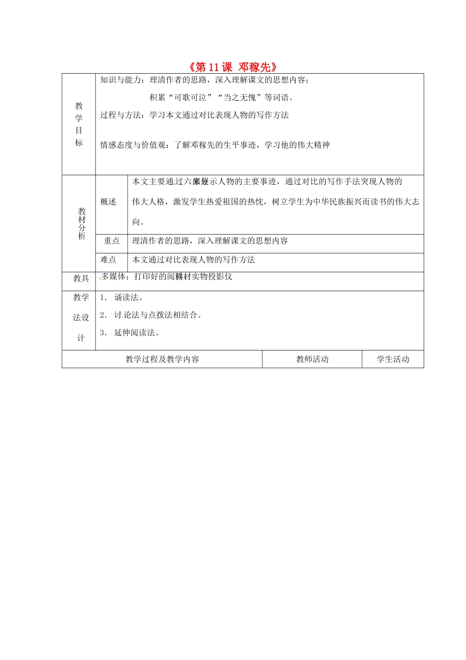 山东省青岛市平度市灰埠镇灰埠中学七年级语文下册《第11课 邓稼先》教案1 新人教版_第1页