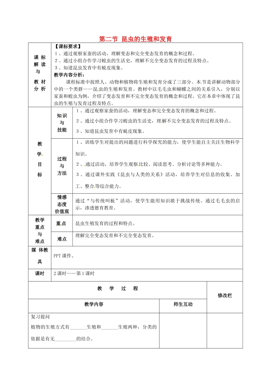 甘肃省武威第十一中学八年级生物下册《第七单元 第一章 第二节 昆虫的生殖和发育》教案 新人教版_第1页