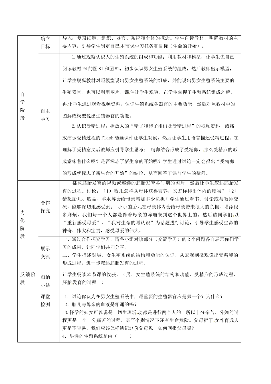 甘肃省临泽县七年级生物下册 第八章 第一节 精卵结合孕育新的生命教案 苏教版-苏教版初中七年级下册生物教案_第2页