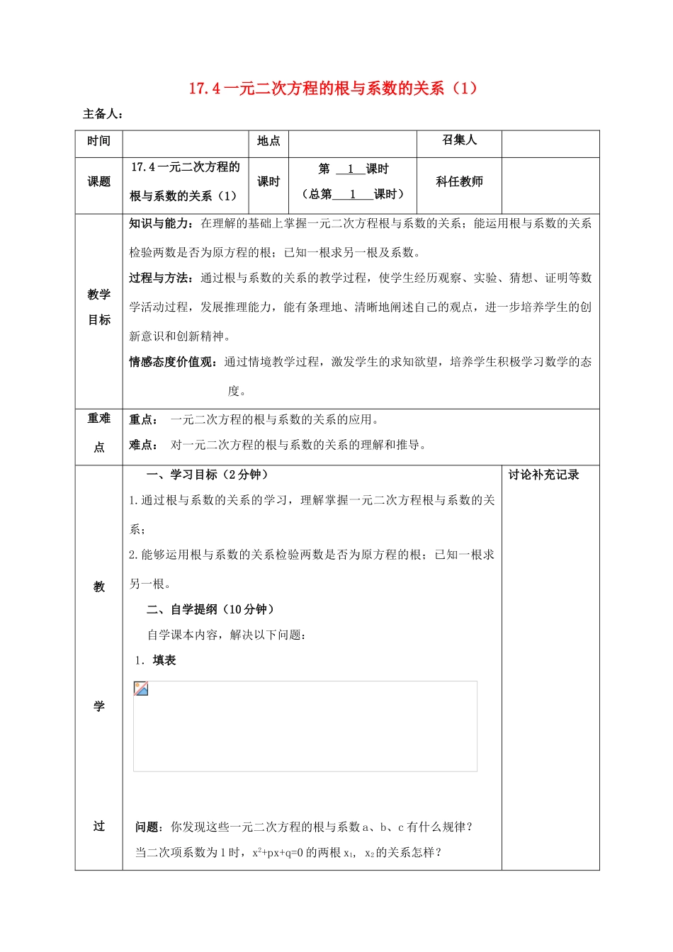 八年级数学下册 第17章 一元二次方程 17.4 一元二次方程的根与系数的关系教案 （新版）沪科版-（新版）沪科版初中八年级下册数学教案_第1页