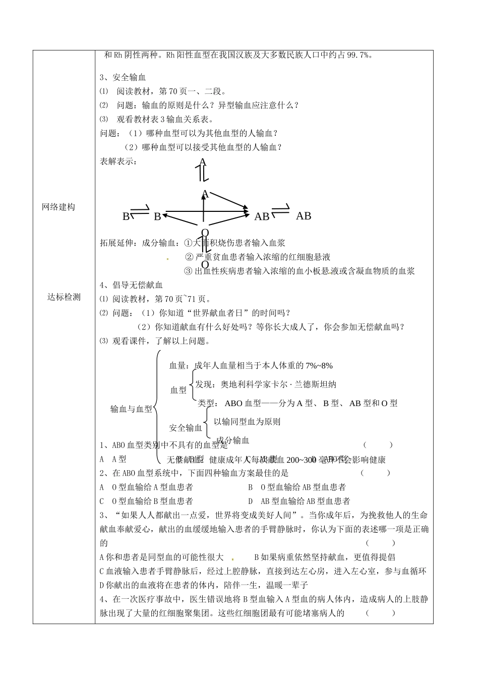 河北省平泉县第四中学七年级生物下册 4.4 输血与血型教案 新人教版_第2页
