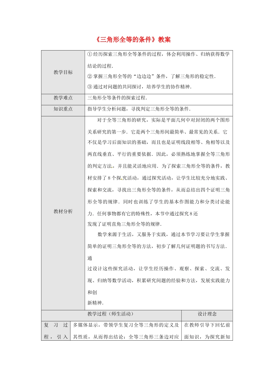 广东省罗定市黎少中学八年级数学下册《三角形全等的条件》教案1 新人教版_第1页