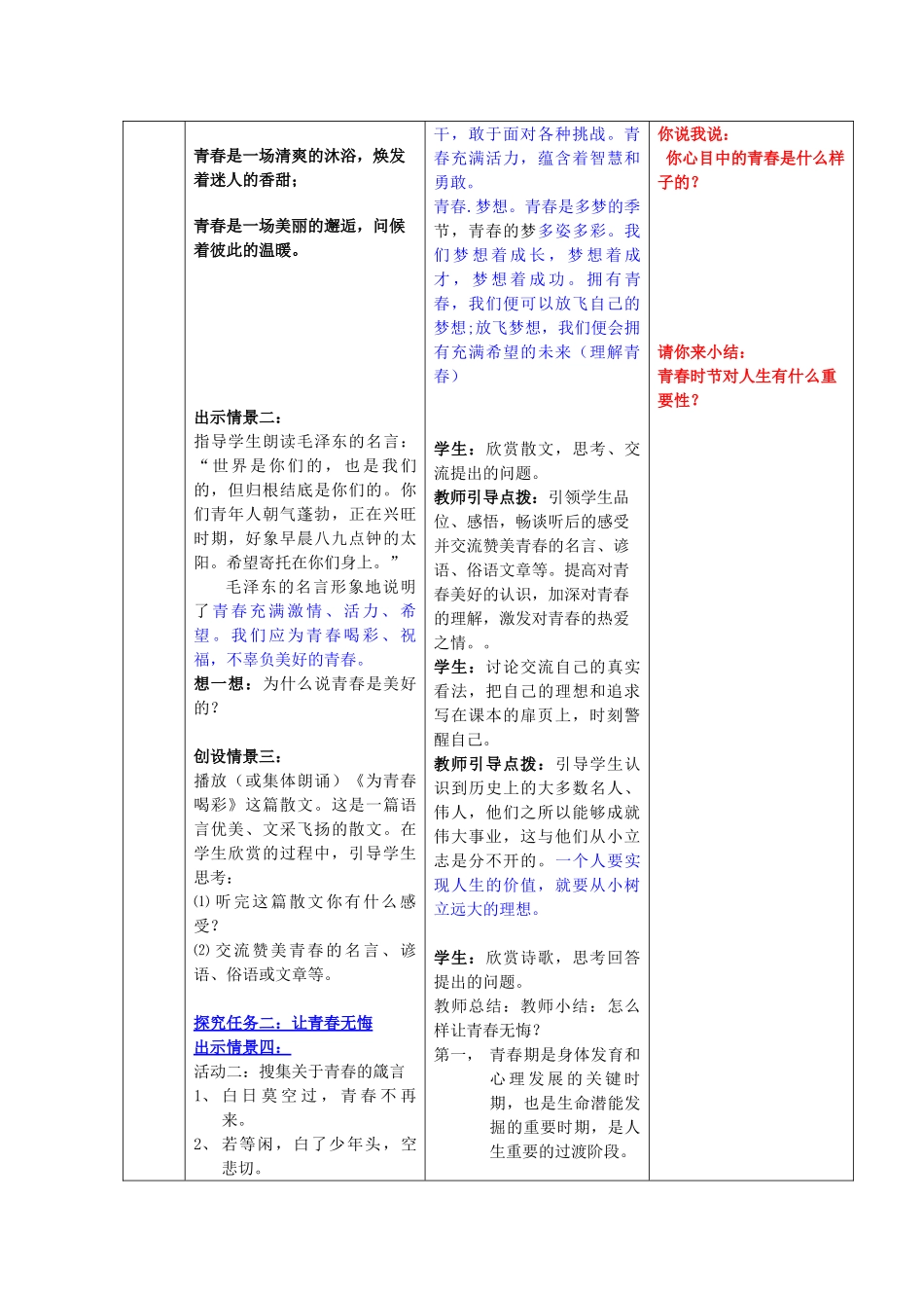 （秋季版）七年级政治上册 2.4.3 为青春喝彩教案 鲁人版六三制（道德与法治）-鲁人版初中七年级上册政治教案_第2页