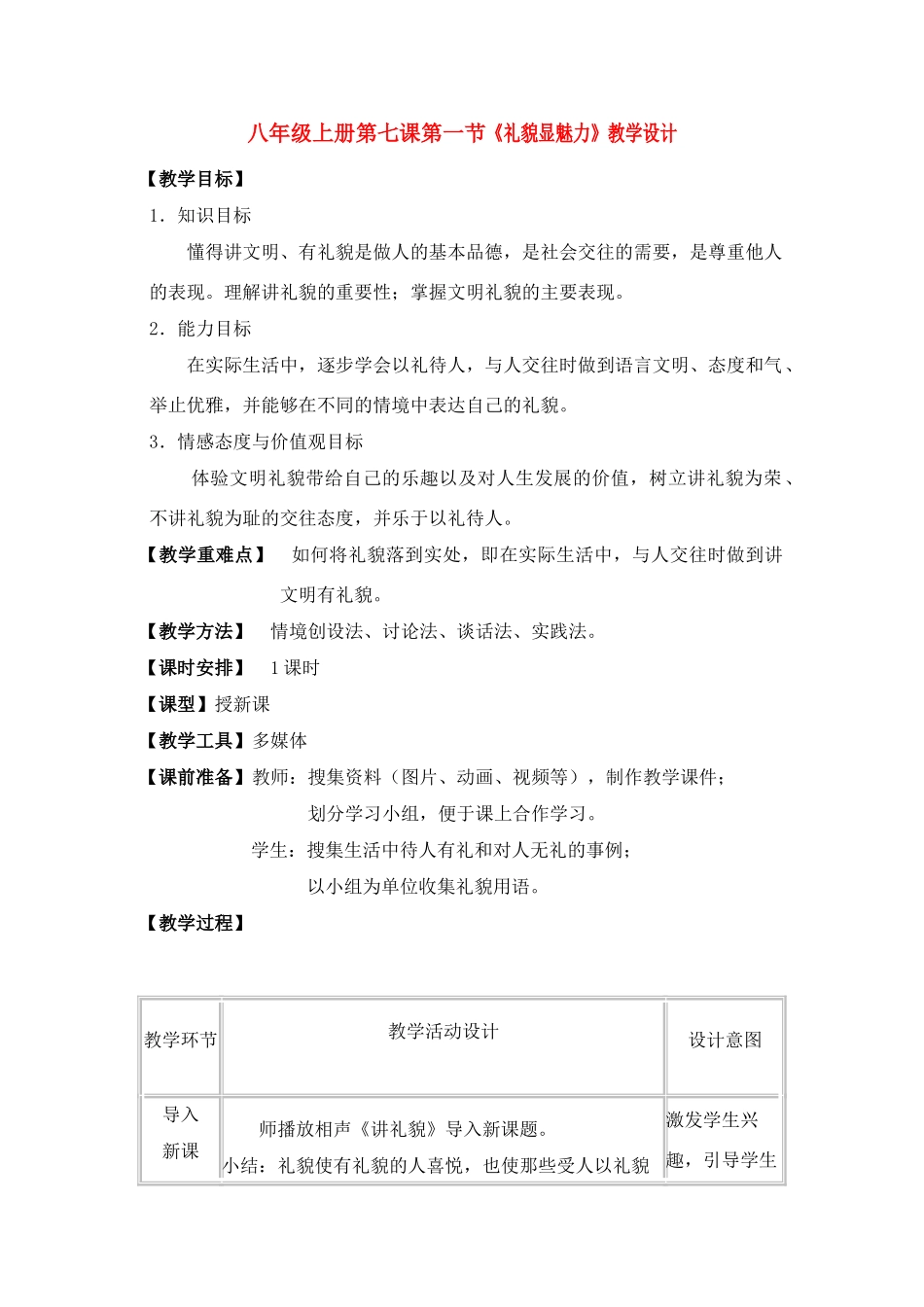 八年级政治上册 《礼貌显魅力》教学设计 人教版_第1页