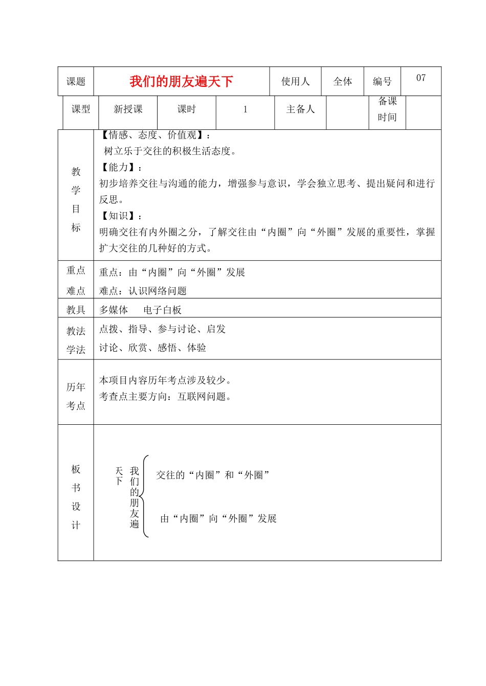 山东省临沭县八年级政治上册《我们的朋友遍天下》教案 新人教版_第1页