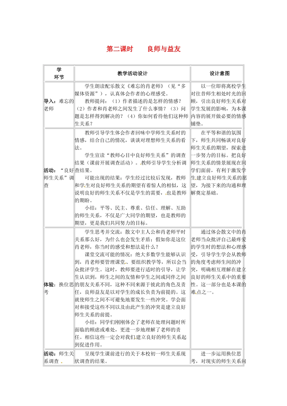 四川省宜宾县复龙初级中学八年级政治上册 第二课时 良师与益友教案 教科版_第1页