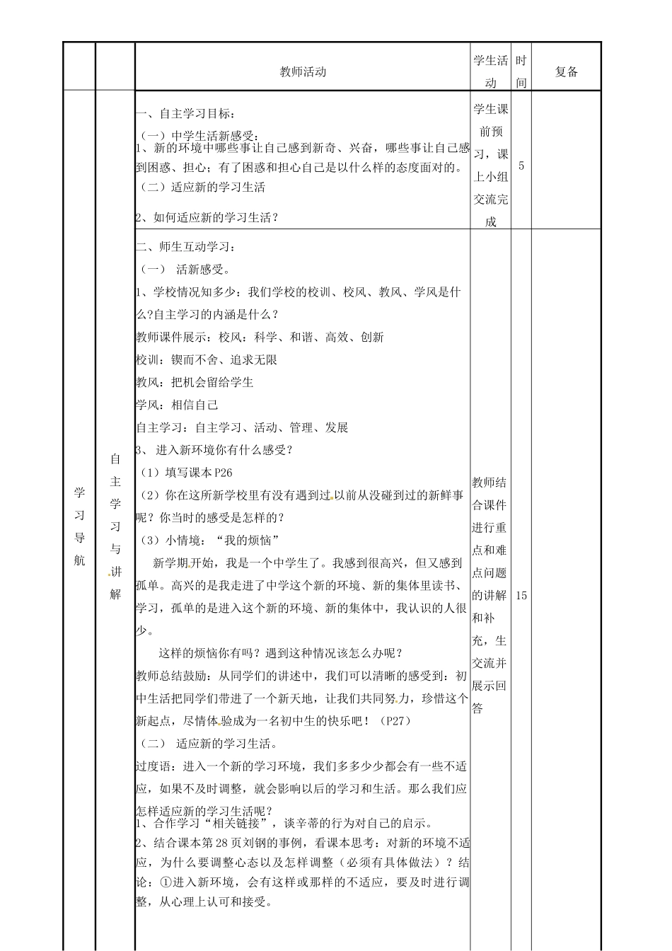 山东省邹平县实验中学七年级政治上册《第二单元 第三课 第一框 新生活 新起点（2）》教案 鲁教版_第2页