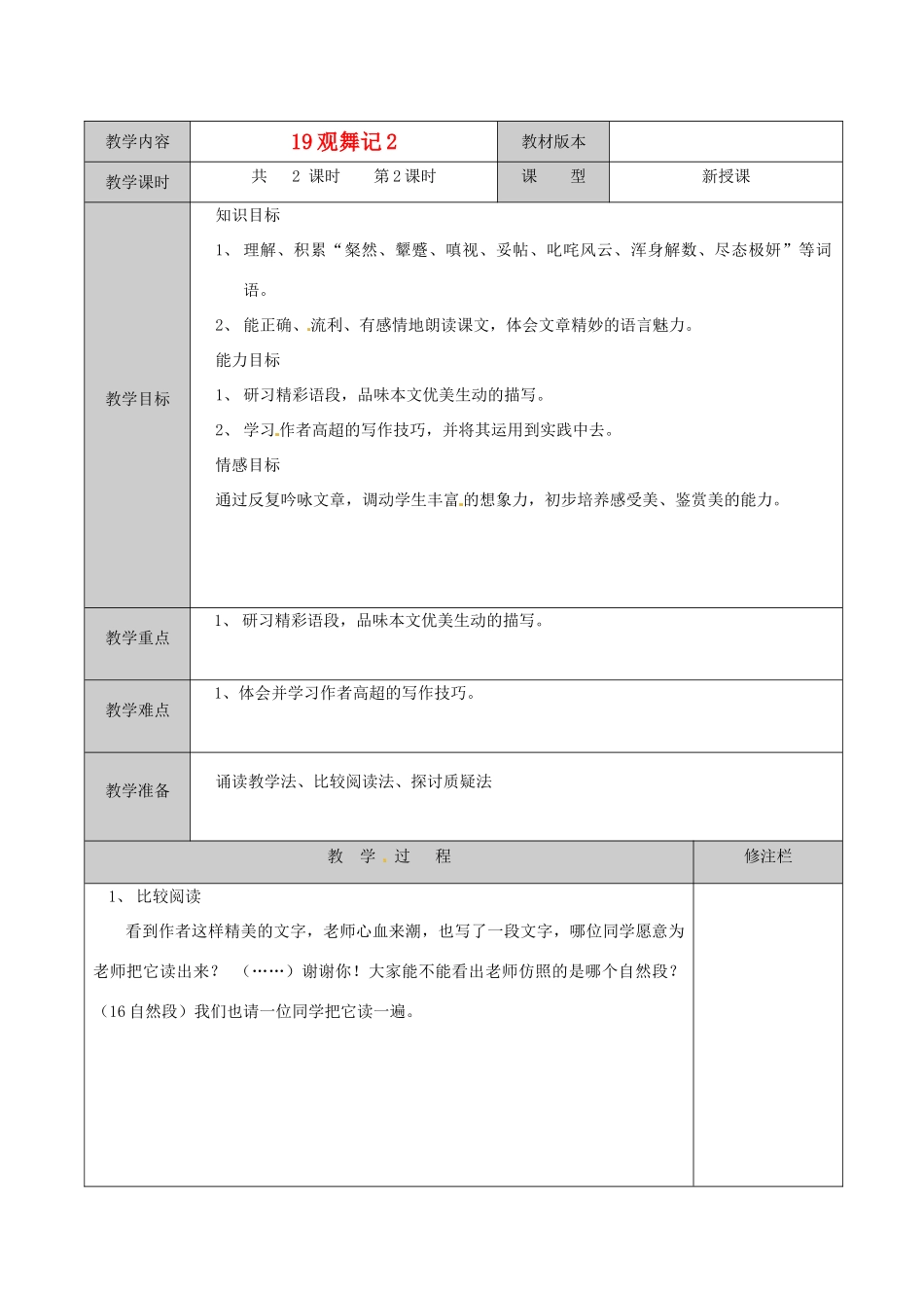 徐州市黄山外国语学校七年级语文下册《观舞记（2）》教案 新人教版_第1页