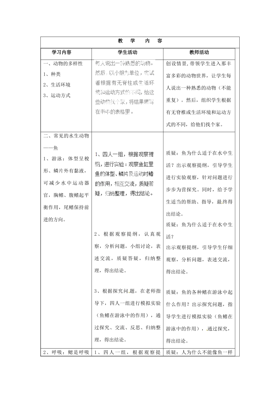 福建省厦门市集美区灌口中学八年级生物上册 第五单元 第一章 第一节 水中生活的动物教案 新人教版_第2页