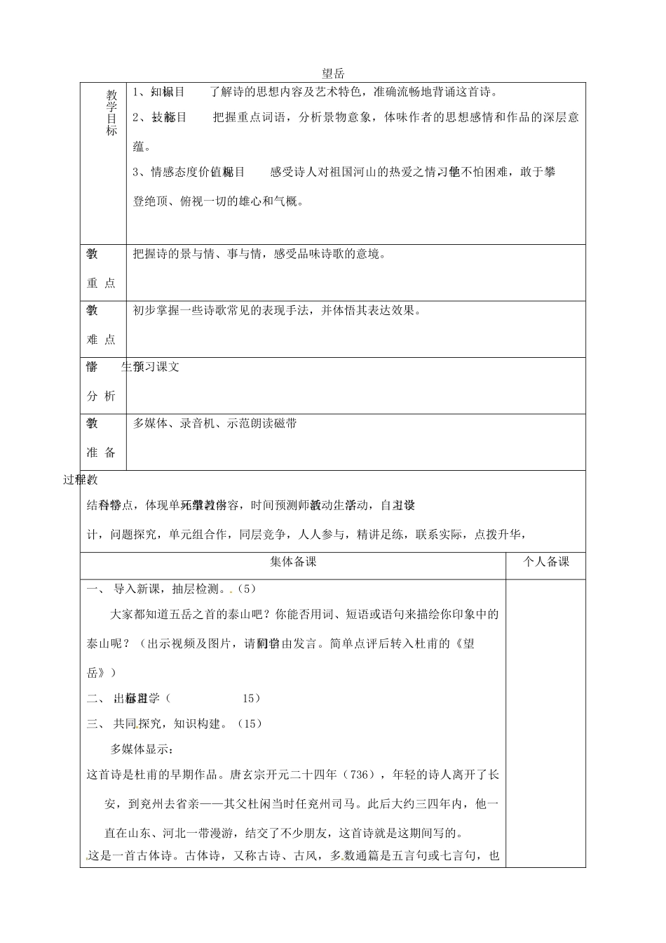 山东省淄博市临淄区第八中学七年级语文上册《第30课 望岳》教案 鲁教版五四制_第1页