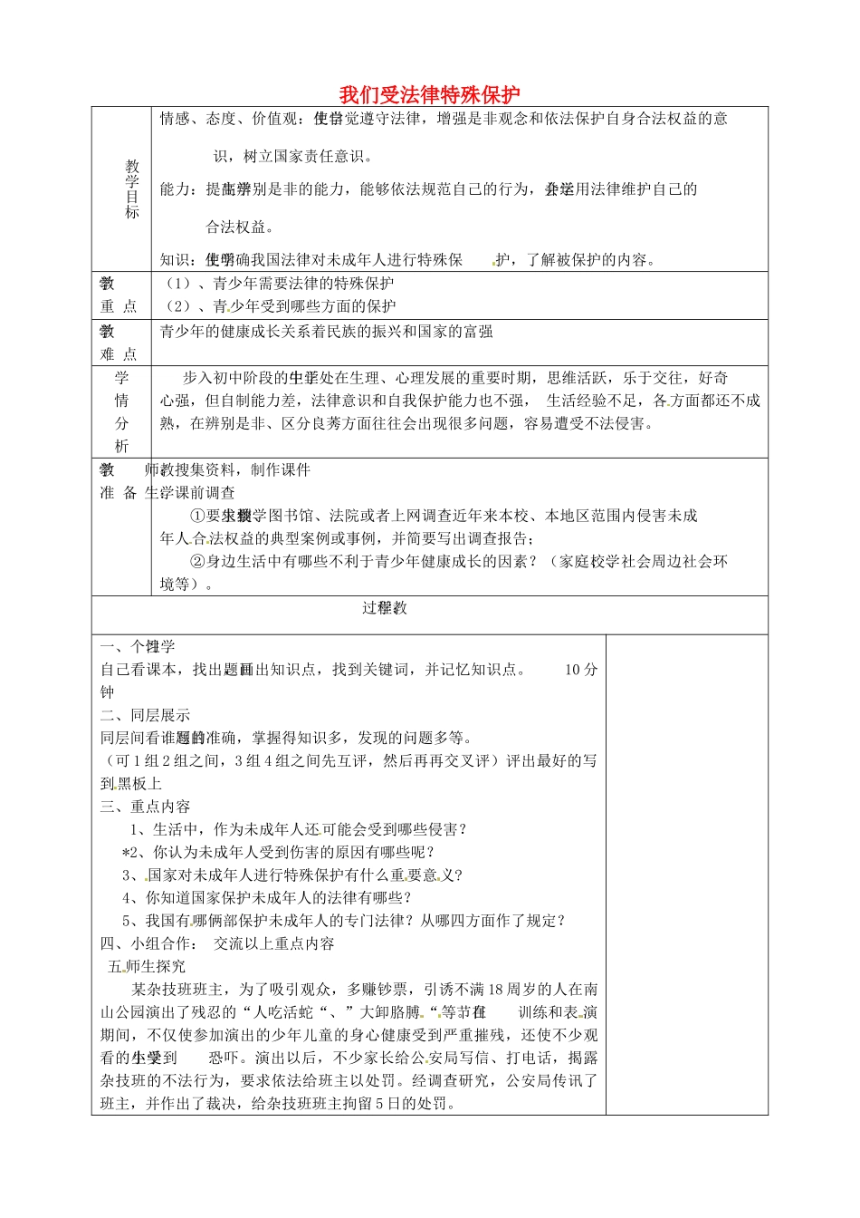 山东省淄博市临淄区第八中学七年级政治下册《第16课 第一框 我们受法律特殊保护》教案 鲁教版_第1页