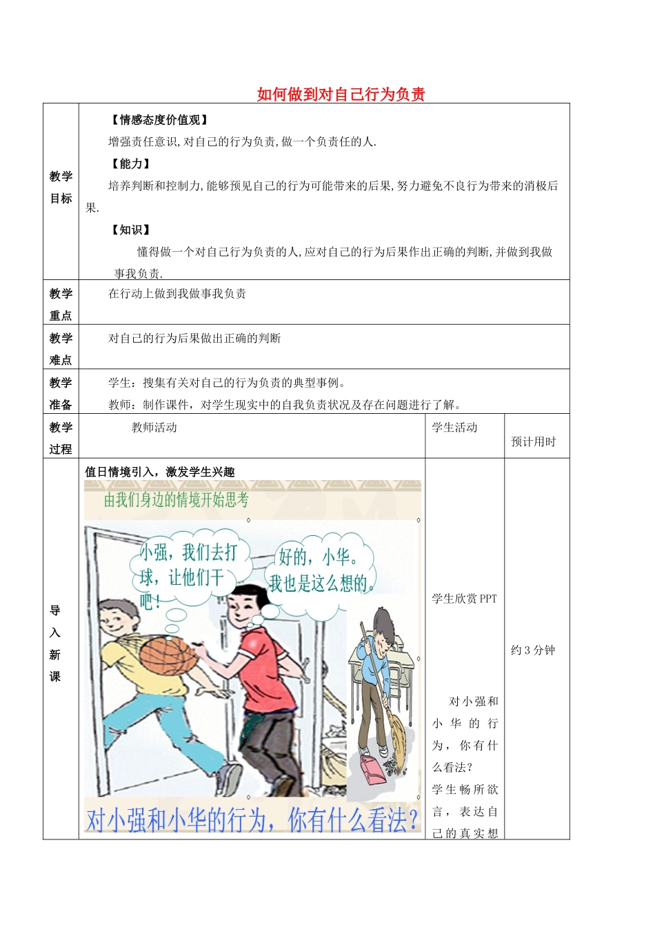 七年级政治上册 第八单元 分辨是非对自己行为负责 第十八课 做一个对自己行为负责的人 第2框 如何做到对自己行为负责教学设计 鲁教版-鲁教版初中七年级上册政治教案_第1页