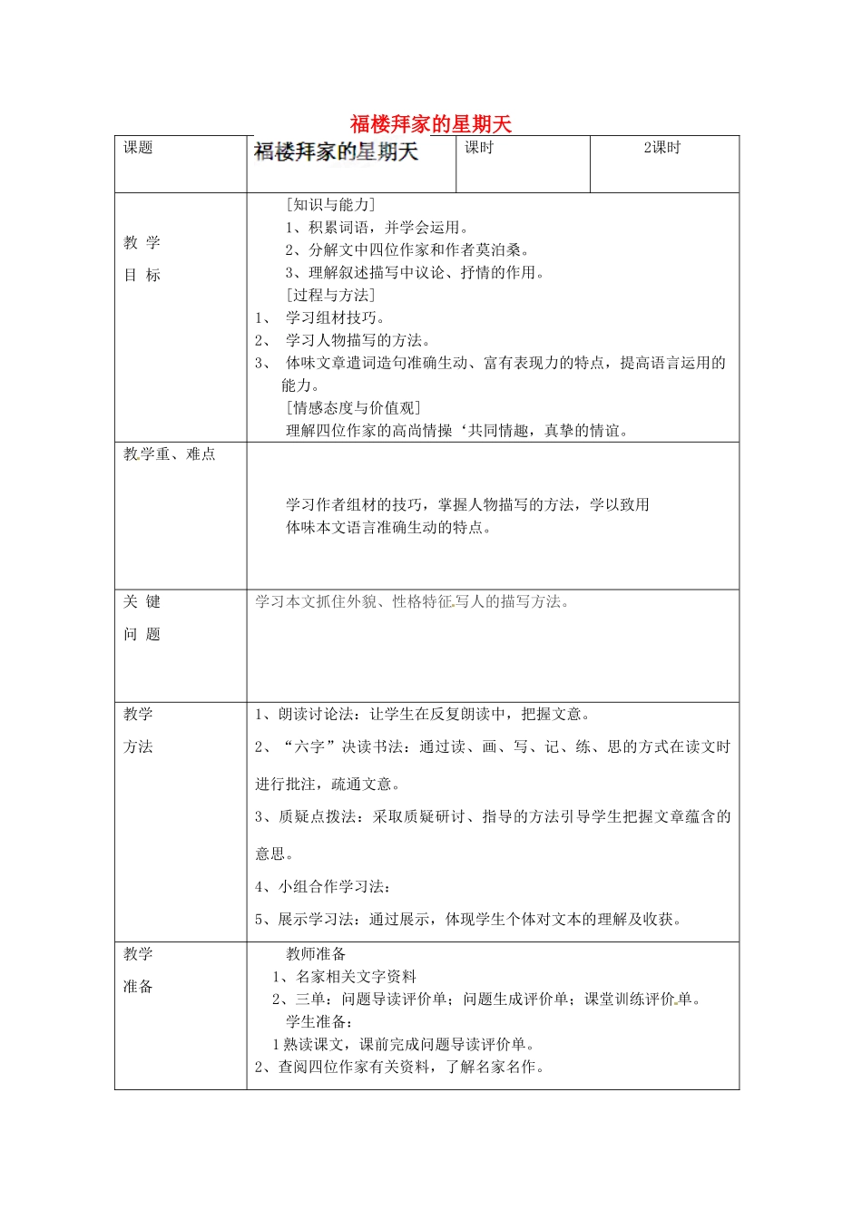陕西省陇县东风中学七年级语文下册 14 福楼拜家的星期天“一案三单”导学单（无答案） 新人教版_第1页