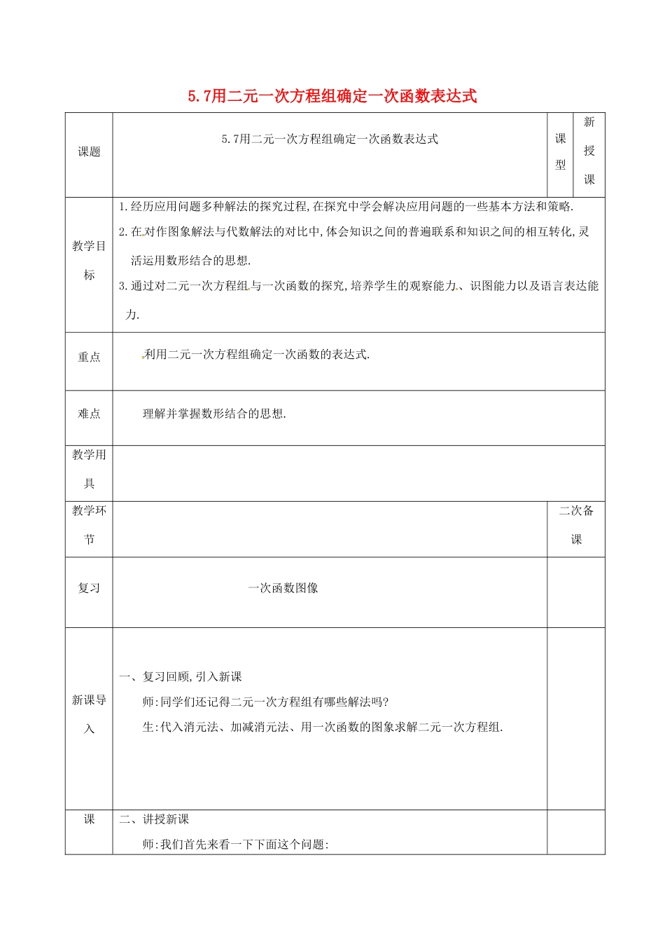 河北省邯郸市肥乡县八年级数学上册 第五章 二元一次方程组 第七节 用二元一次方程组确定一次函数表达式教案 （新版）北师大版-（新版）北师大版初中八年级上册数学教案_第1页