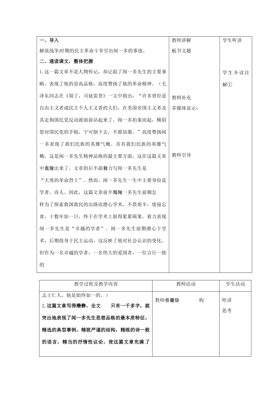 山东省青岛市平度市灰埠镇灰埠中学七年级语文下册《第12课 闻一多先生的说和做》教案1 新人教版_第2页