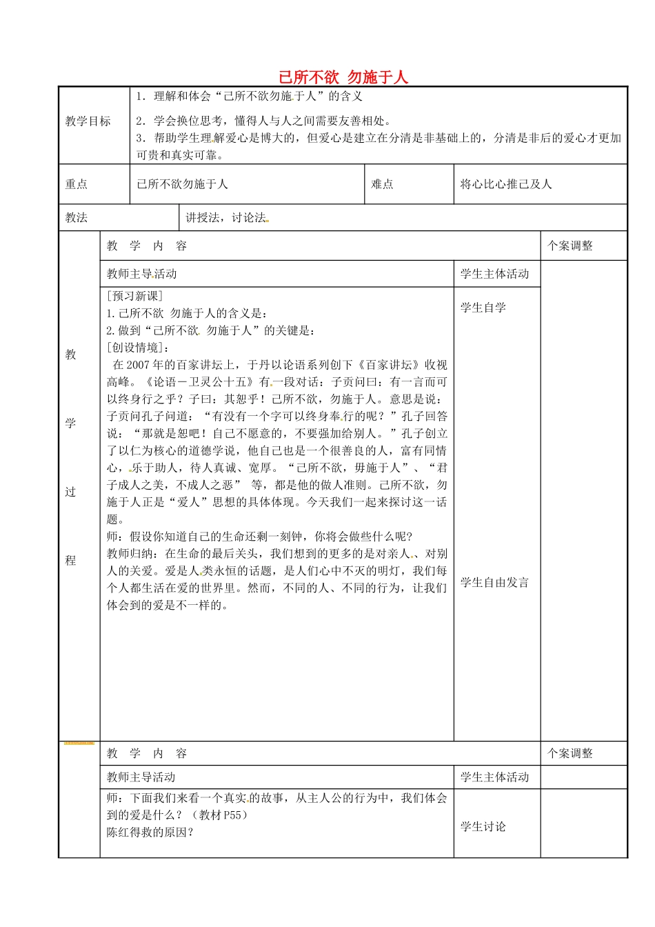 七年级政治上册 6.1 已所不欲 勿施于人教案 苏教版-苏教版初中七年级上册政治教案_第1页