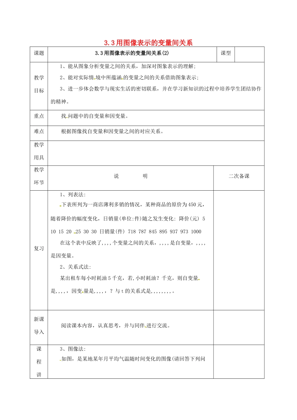 河北省邯郸市肥乡县七年级数学下册 第三章 变量之间的关系 3.3.2 用图象表示变量间的关系教案 （新版）北师大版-（新版）北师大版初中七年级下册数学教案_第1页