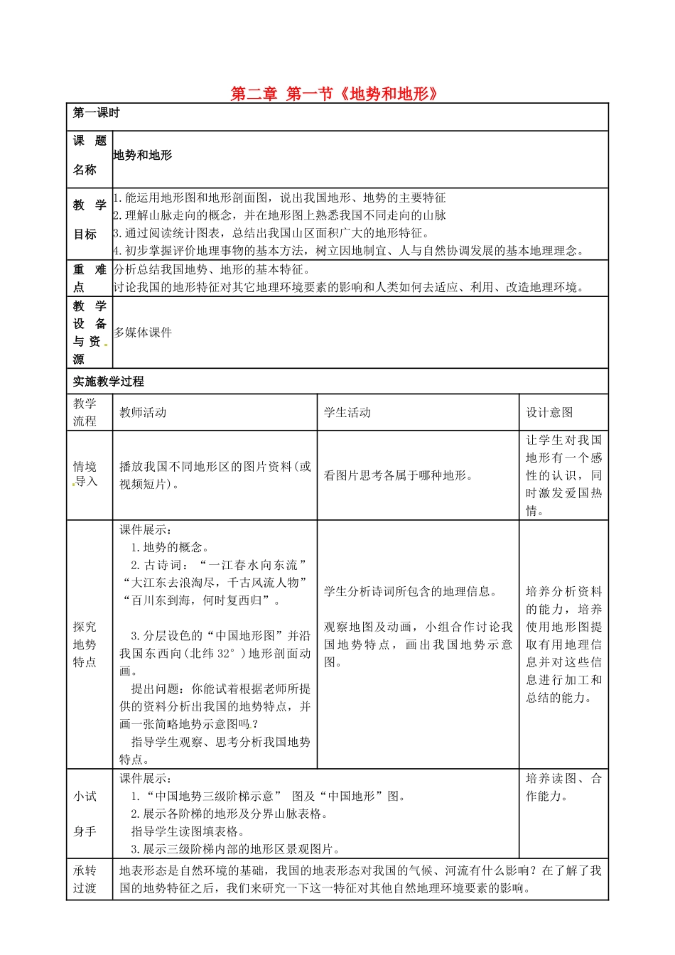 广东省珠海十中八年级地理上册《地势和地形》教案 新人教版_第1页