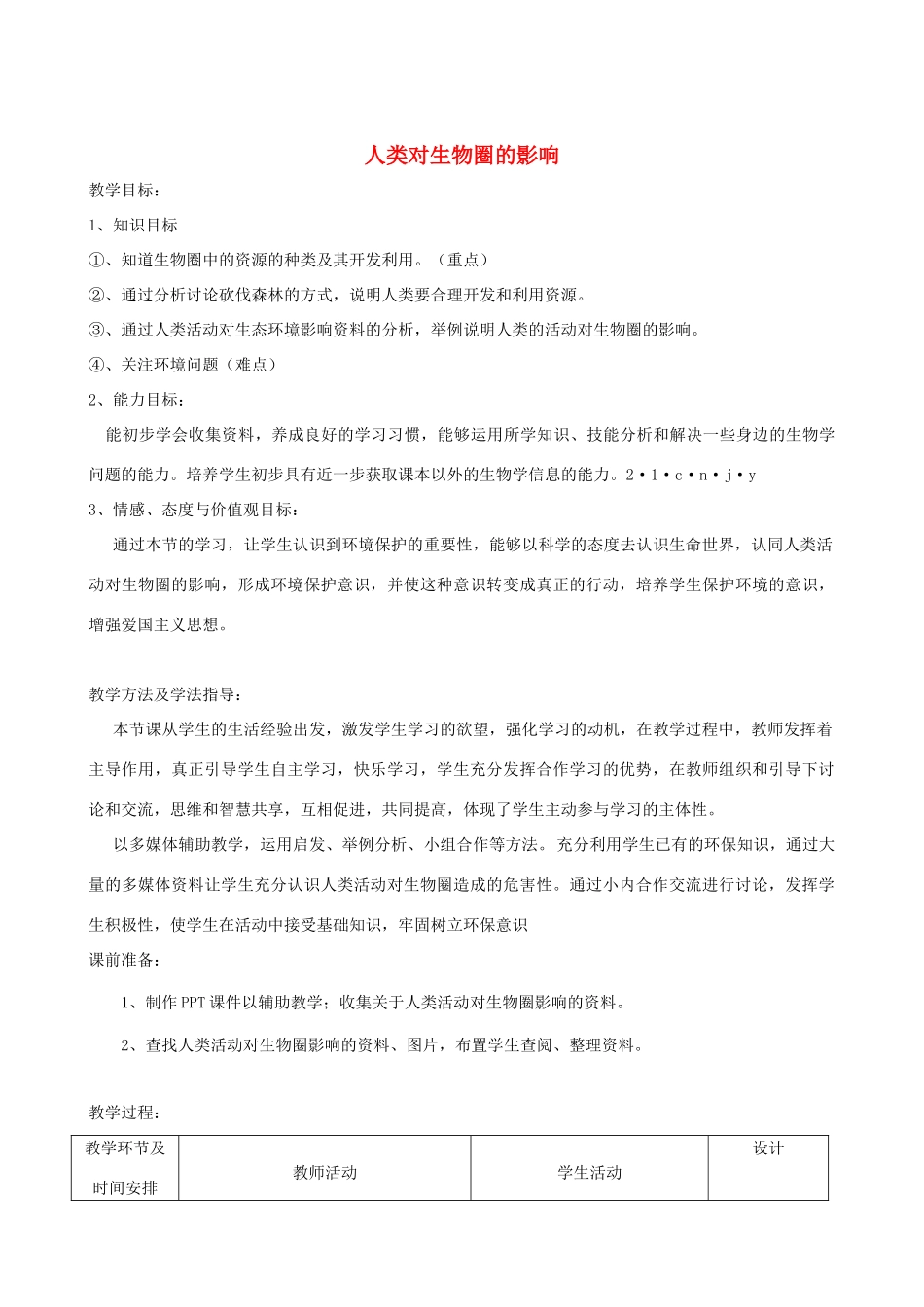 春季七年级生物下册 3.7.1 人类对生物圈的影响教案 （新版）济南版-（新版）济南版初中七年级下册生物教案_第1页