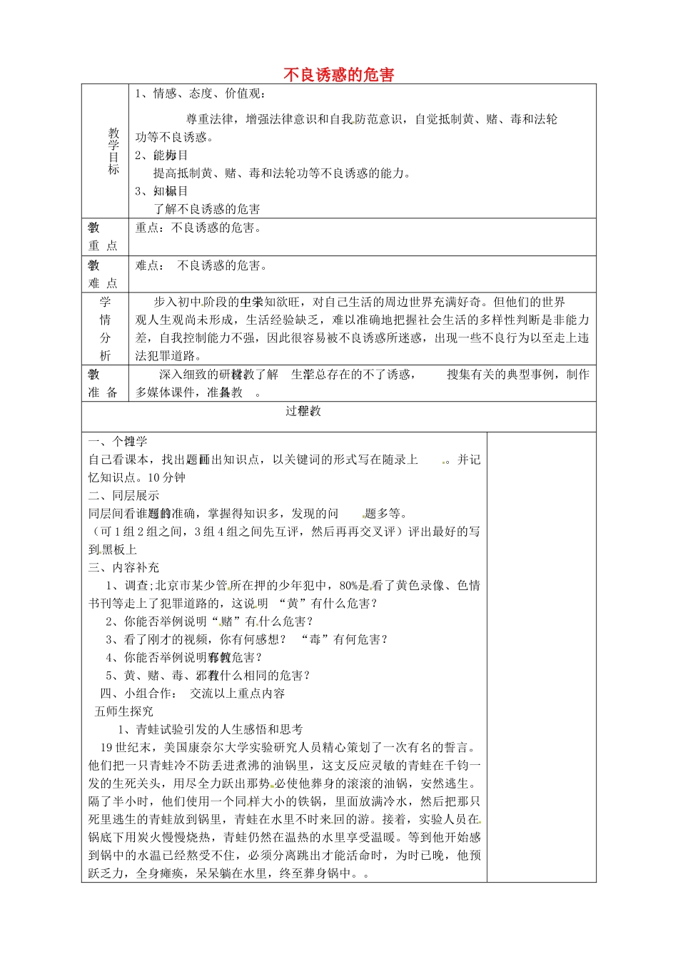 山东省淄博市临淄区第八中学七年级政治下册《第15课 第一框 面对生活中的不良诱惑》不良诱惑的危害教案 鲁教版_第1页