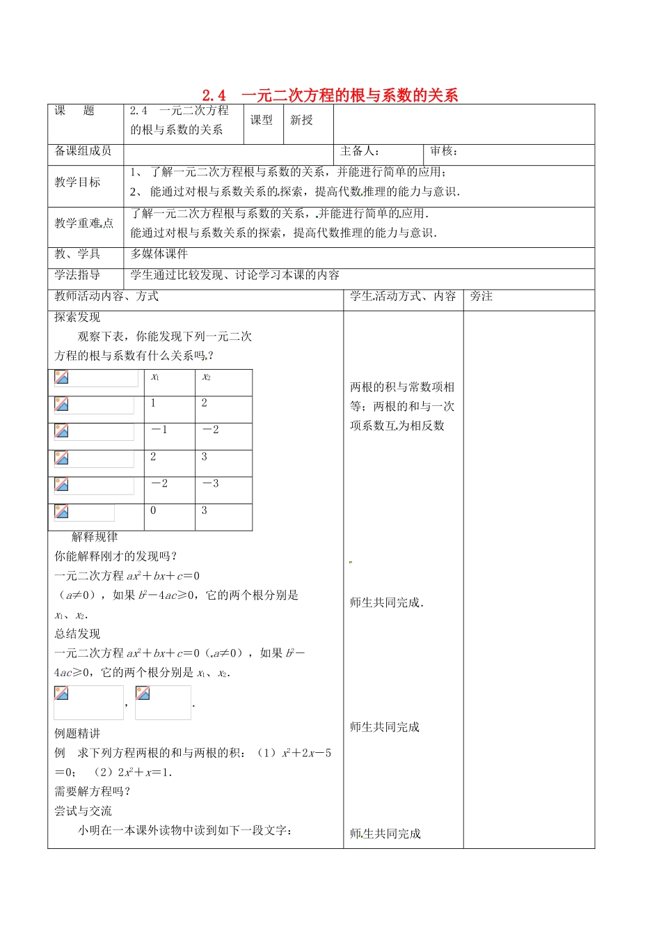 八年级数学下册 第2章 一元二次方程 2.4 一元二次方程根与系数的关系教案 （新版）浙教版-（新版）浙教版初中八年级下册数学教案_第1页