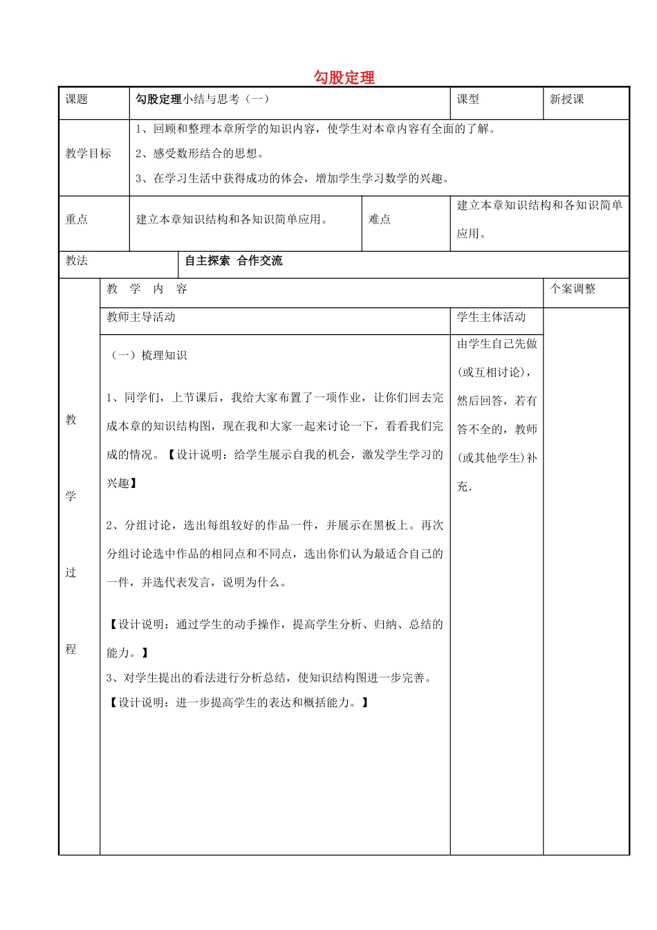 八年级数学上册 第三章 勾股定理小结与思考教案1 （新版）苏科版-（新版）苏科版初中八年级上册数学教案_第1页