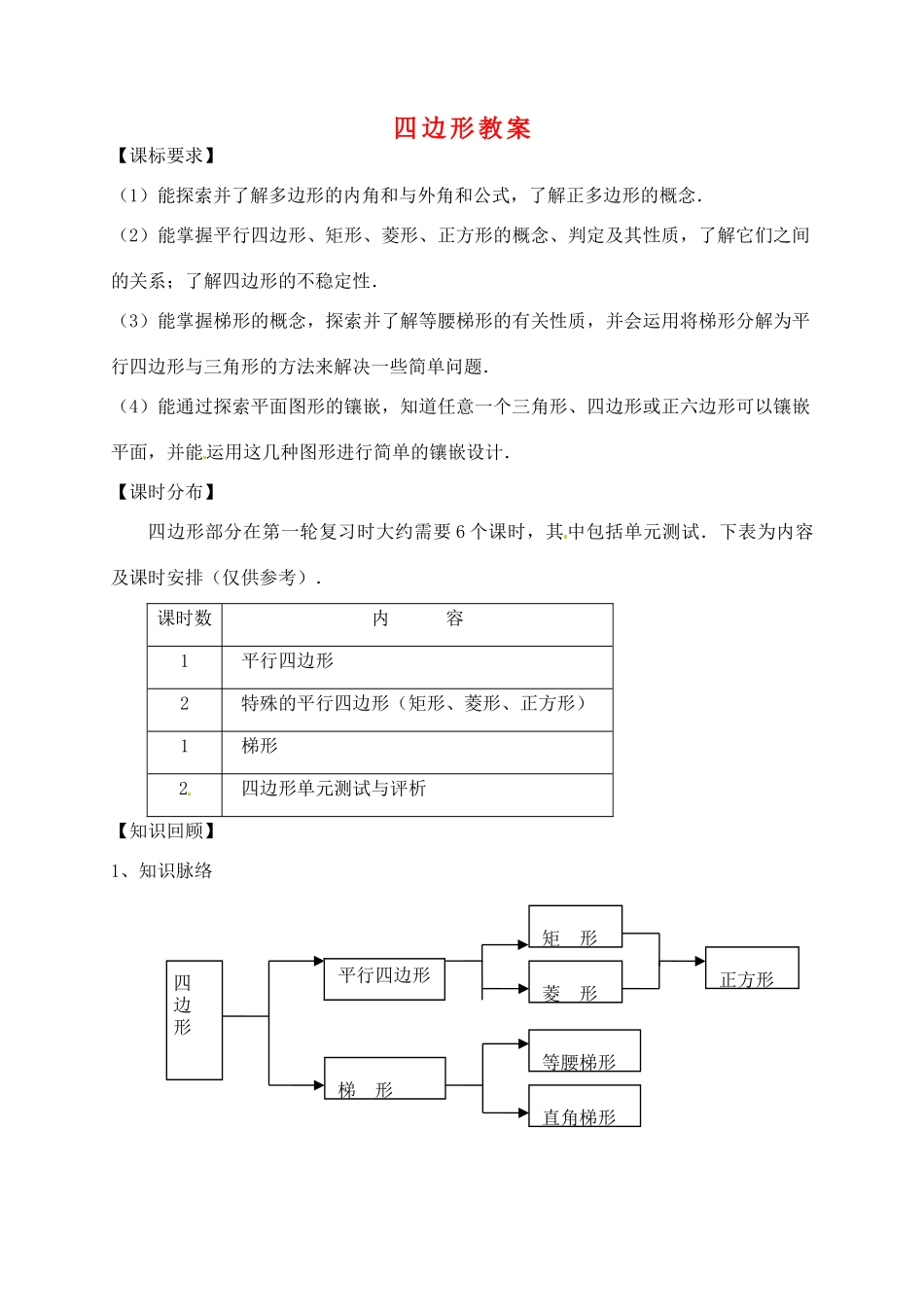 福建省泉州市泉港区三川中学中考数学一轮复习 四边形教案_第1页