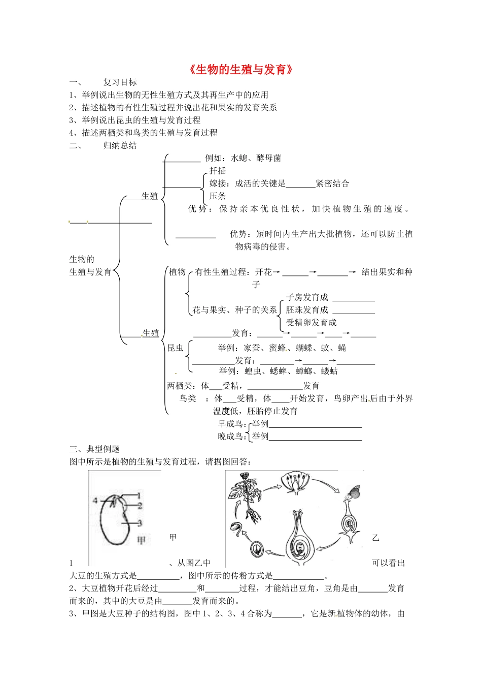 甘肃省庆阳市宁县第五中学八年级生物下册《第七单元 第一章 生物的生殖和发育》复习导学案（无答案） 新人教版_第1页