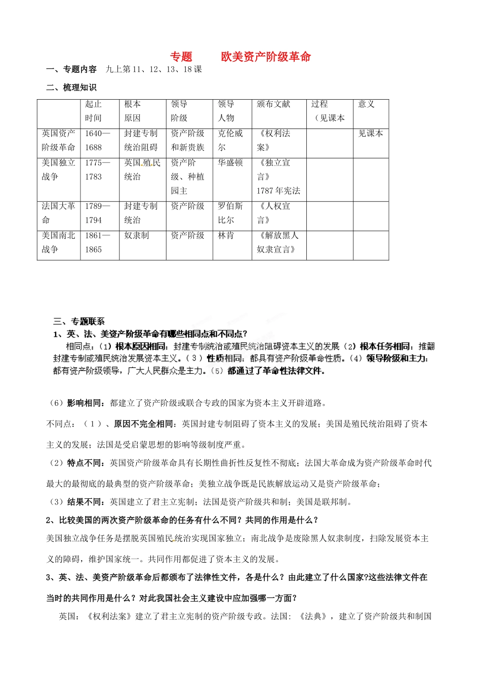山东省肥城市石横镇初级中学中考历史专题复习 欧美资产阶级革命教案_第1页