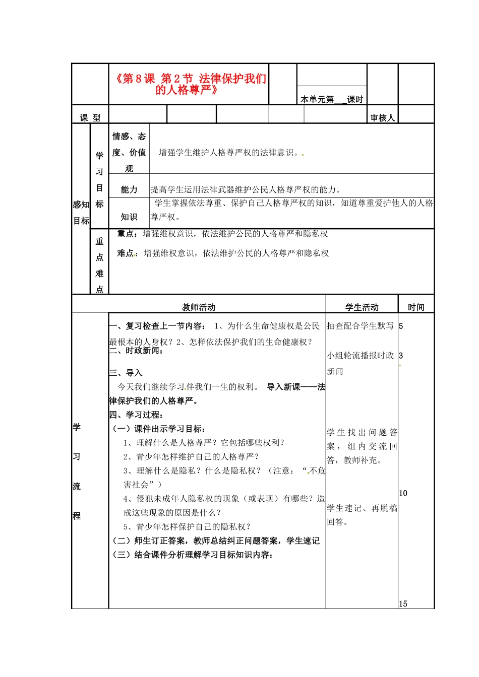 山东省邹平县实验中学八年级政治下册《第8课 第2节 法律保护我们的人格尊严》教学案 新人教版_第1页