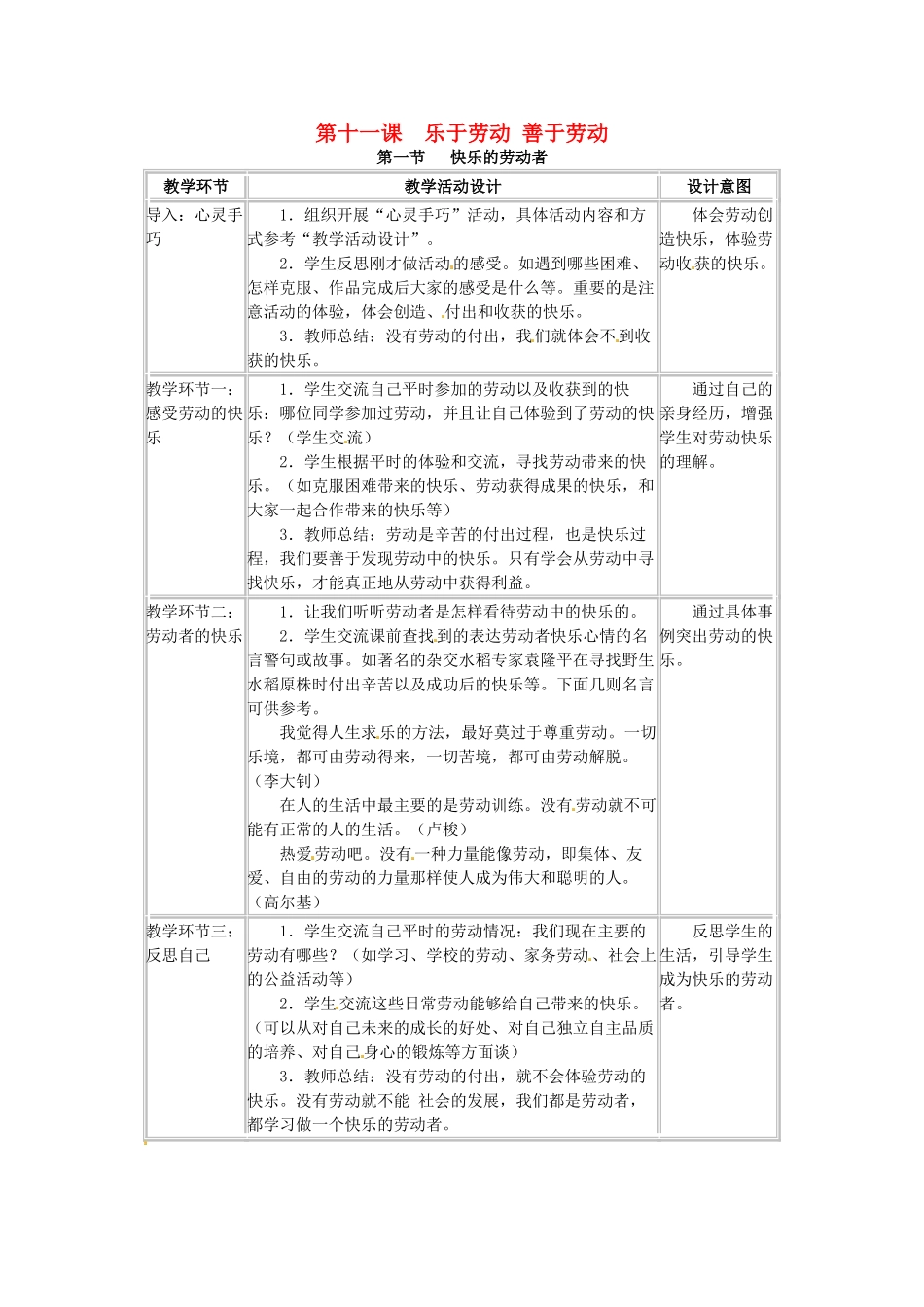四川省宜宾县复龙初级中学八年级政治下册 第十一课 乐于劳动 善于劳动教案 教科版_第1页
