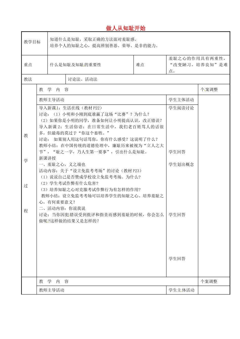 七年级政治上册 3.1 做人从知耻开始教案 苏教版-苏教版初中七年级上册政治教案_第1页