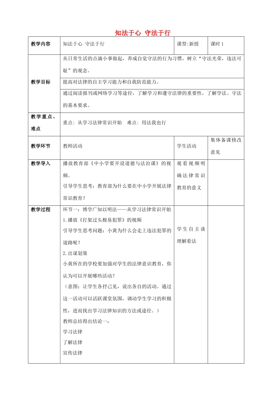 七年级政治下册 第六单元 走近法律 与法同行 第12课 维护法律尊严 第3框 知法于心 守法于行教案 鲁人版五四制-鲁人版初中七年级下册政治教案_第1页