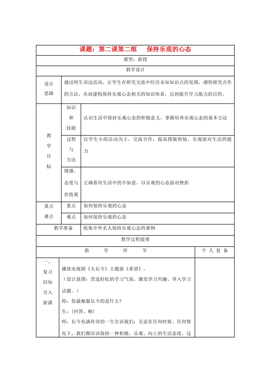 八年级思想品德上册 第二课《保持乐观的心态》第二框教案 苏教版_第1页