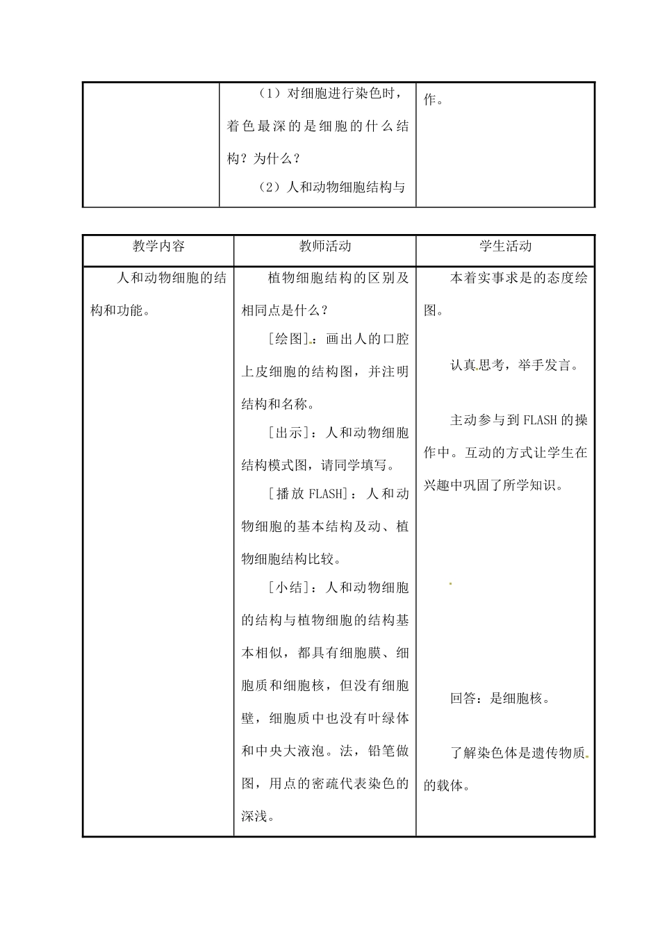 甘肃省白银市会宁县新添回民中学七年级生物上册《人和动物细胞的结构和功能》教案2_第3页