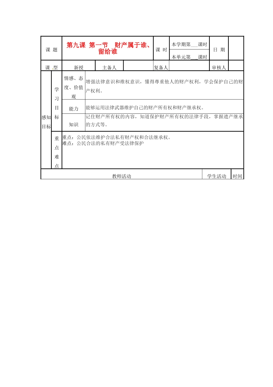 山东省邹平县实验中学八年级政治《91 财产属于谁 留给谁》教案_第1页