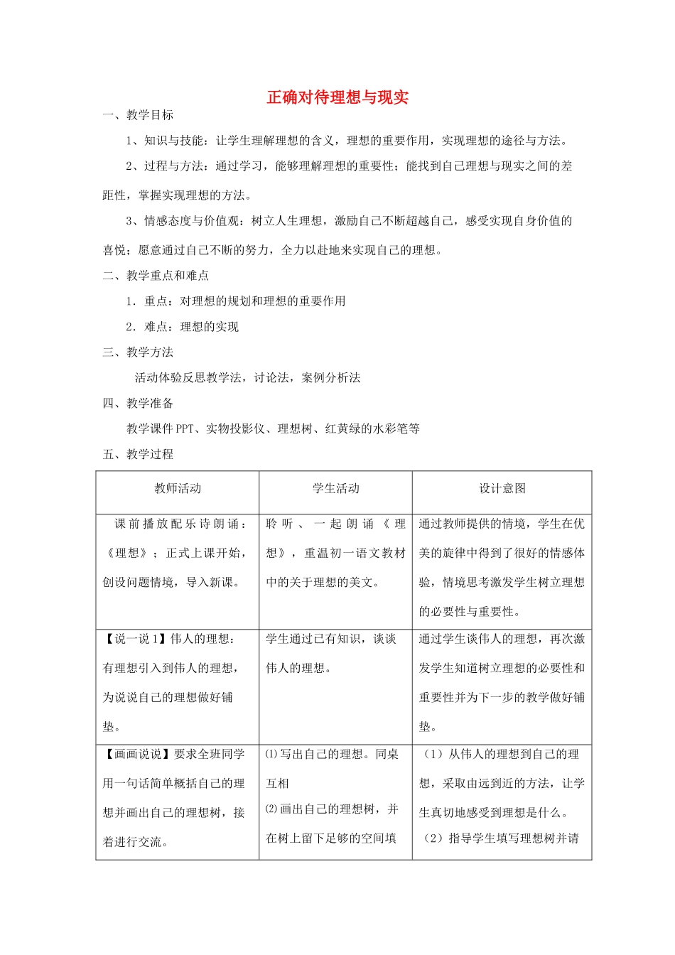 黑龙江省哈尔滨市第四十一中学九年级政治全册 正确对待理想与现实教案 新人教版_第1页