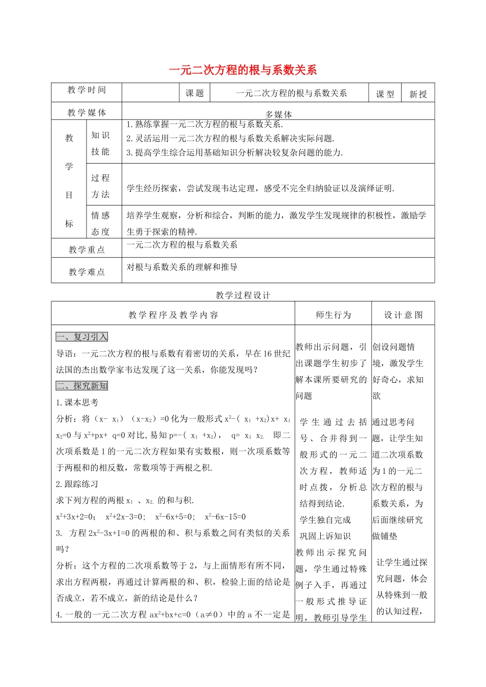 河北省青龙满族自治县中考数学复习 一元二次方程的根与系数关系教案 新人教版-新人教版初中九年级全册数学教案_第1页