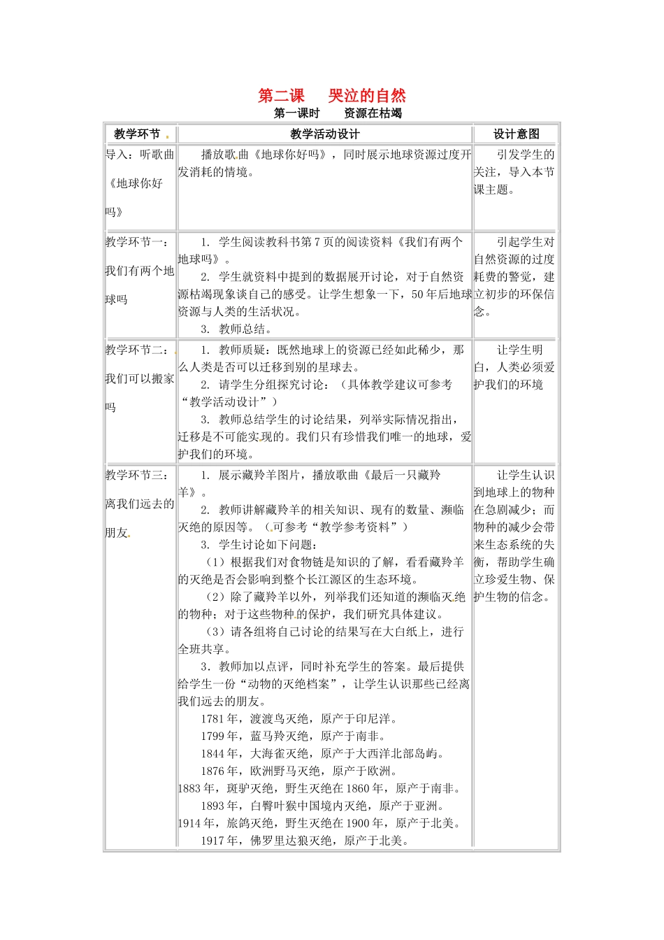 四川省宜宾县复龙初级中学八年级政治下册 第二课 哭泣的自然教案 教科版_第1页