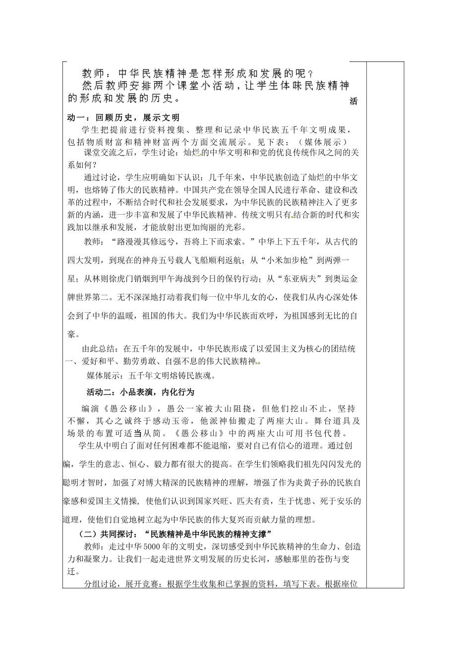 山东省龙口市诸由观镇诸由中学九年级政治全册 第9课 第1框 民族精神耀中华教案 鲁教版_第2页