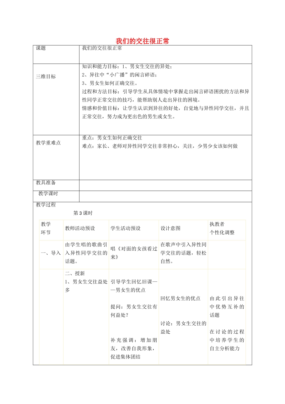秋八年级政治上册 第6课 青春相册我们的交往很正常教案 人民版-人民版初中八年级上册政治教案_第1页