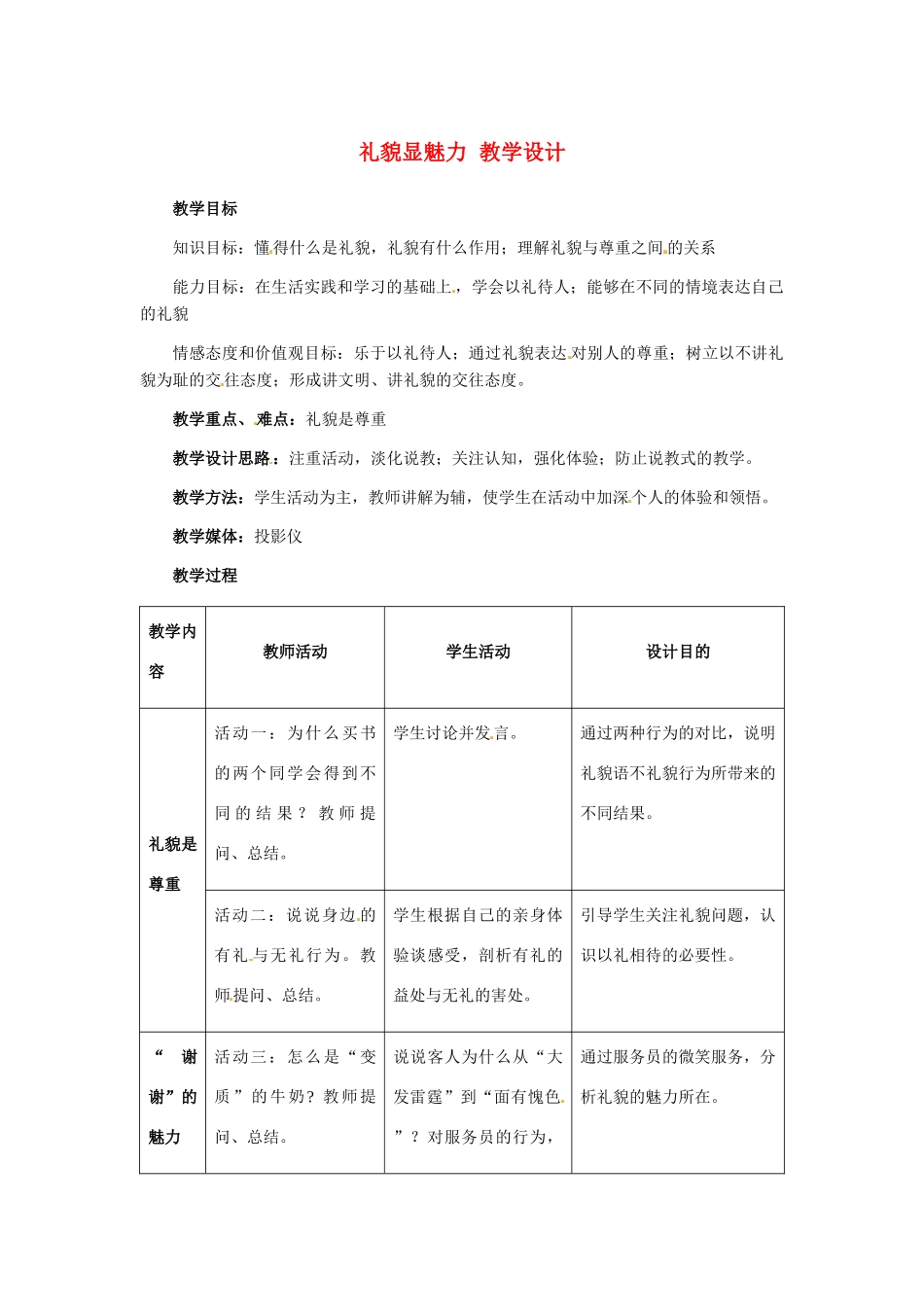 八年级政治上册 第7课 第一框 礼貌显魅力教学设计 人教新课标_第1页