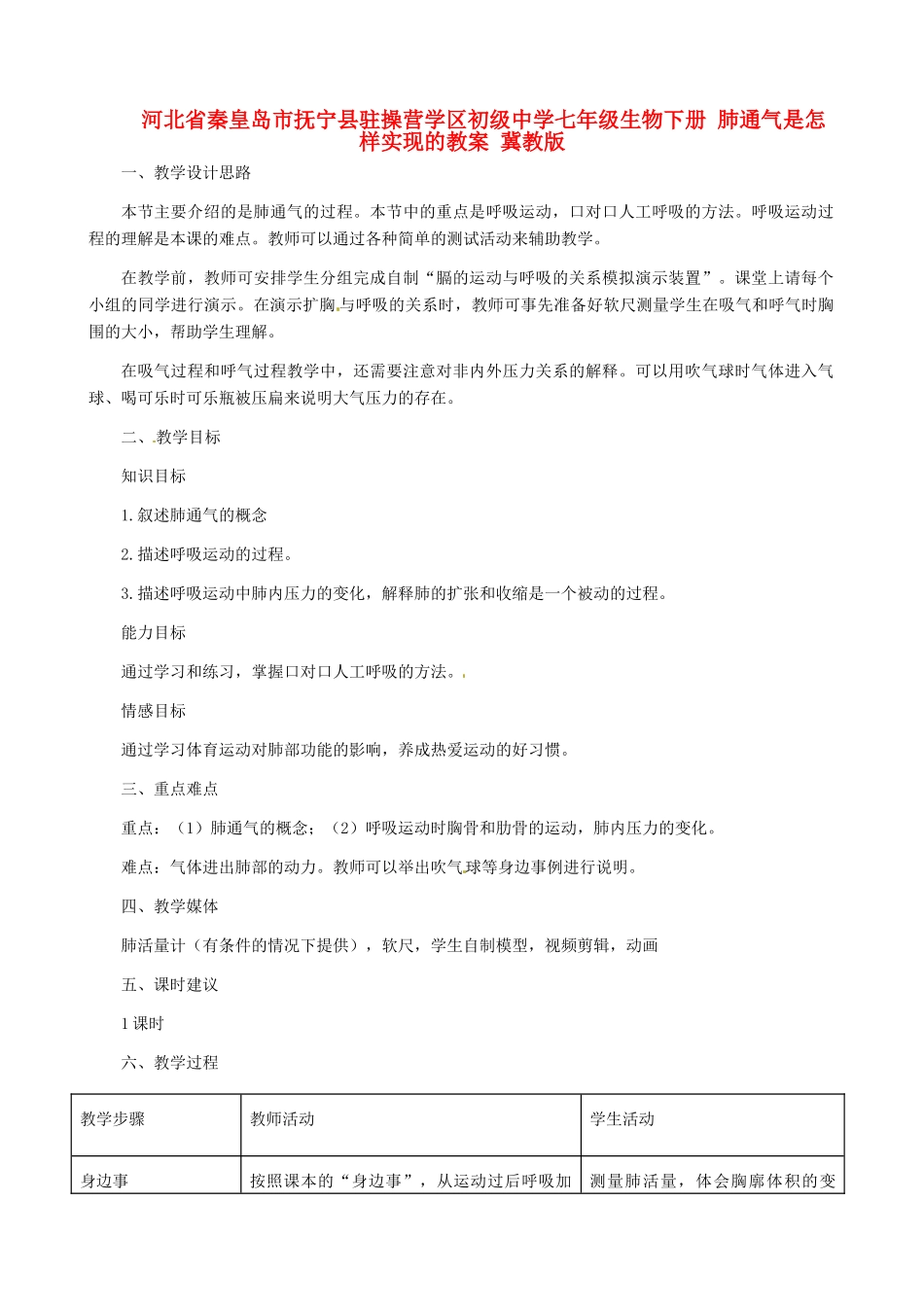 河北省秦皇岛市抚宁县驻操营学区初级中学七年级生物下册 肺通气是怎样实现的教案 冀教版_第1页