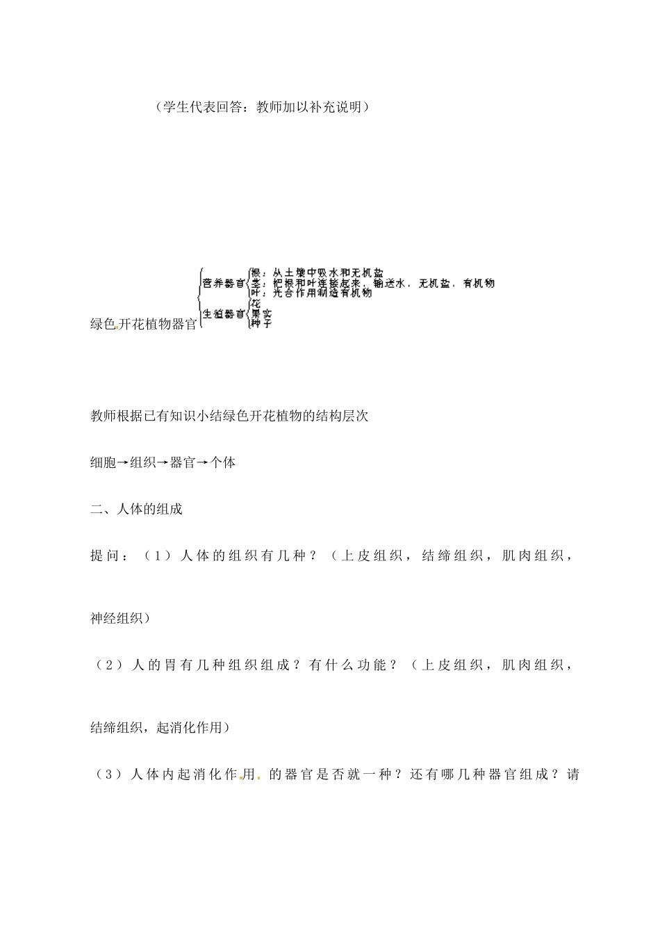 甘肃省白银市会宁县新添回民中学七年级生物上册《多细胞生物体的组成》教案2_第3页